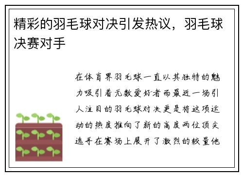 精彩的羽毛球对决引发热议，羽毛球决赛对手