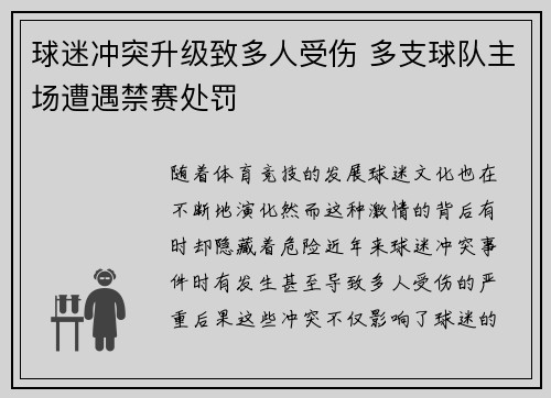 球迷冲突升级致多人受伤 多支球队主场遭遇禁赛处罚