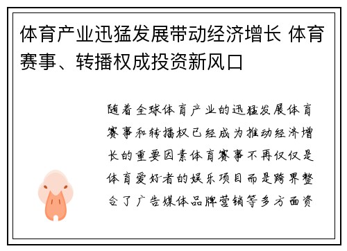 体育产业迅猛发展带动经济增长 体育赛事、转播权成投资新风口