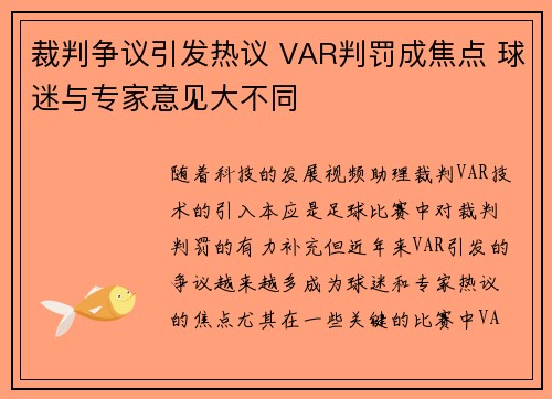 裁判争议引发热议 VAR判罚成焦点 球迷与专家意见大不同